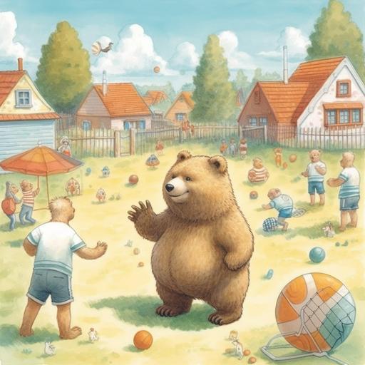 in a sunny day a bear is practicing a soccer chilena , the bear is on a playground ,