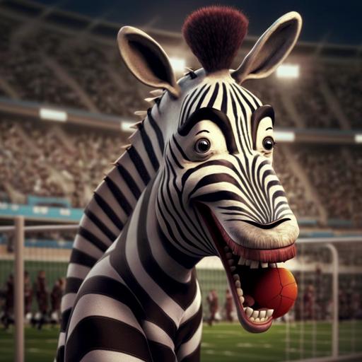 zebra laughing in a soccer stadium pixar style