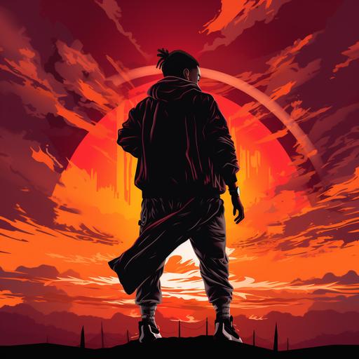 Rapper silhouette in anime style against sunset background