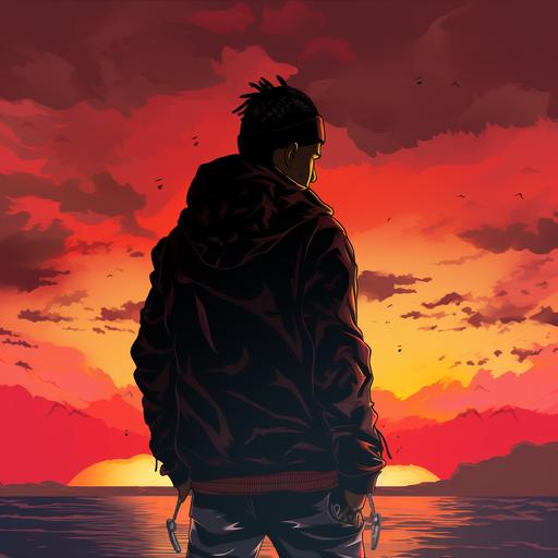 Rapper silhouette in anime style against sunset background