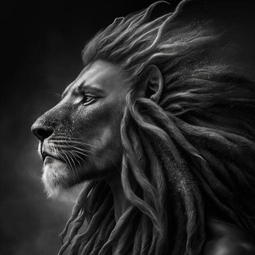 Rasta lion::3, roaring::3, side view::3, black and white::1, wearing headphones::3, hyper realistic::3