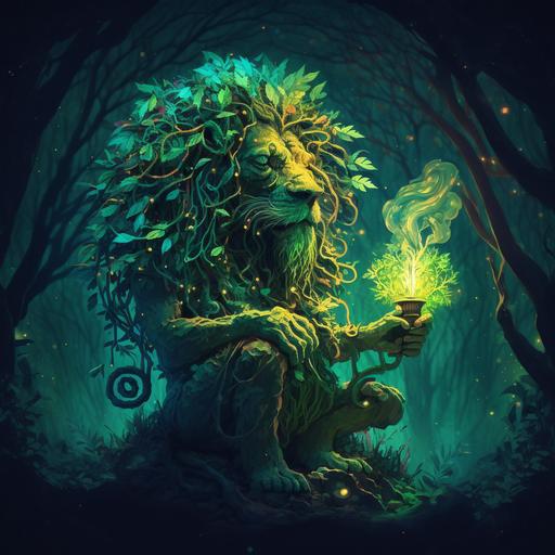 Rasta lion smoking a weed joint with Magic tree with light glowing inside, illustration painting