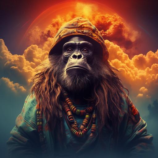 Rastafarian ape standing on the planet