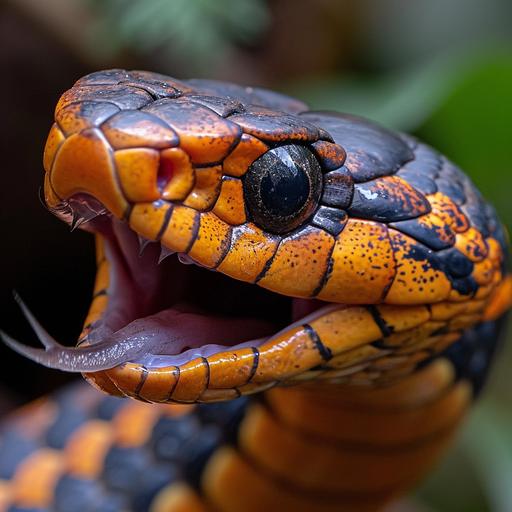 Rat Snake heads in,shot on a sony a7 iv camera, zoom out, side view, angry, open mouth tongue out, profile, rich colours, ultra clarity, exceptional sharpness, zoom out 2.00, full head and male, front view, national geographic, wildlife, photography --v 6.0 --s 750