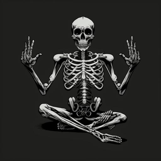 a skeleton in a yoga asana pose logo, pose with the hands on the knees in a mudra (gesture) with the index finger and pinky finger extended , 