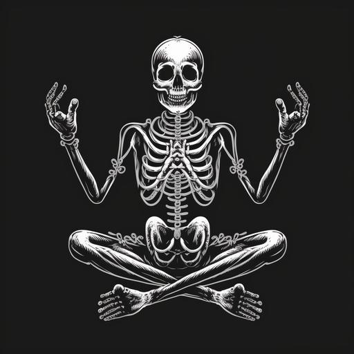 a skeleton in a yoga asana pose logo, pose with the hands on the knees in a mudra (gesture , devil horns hand gesture used by metalheads ,black and white, vector style , black background, high definition, 4k