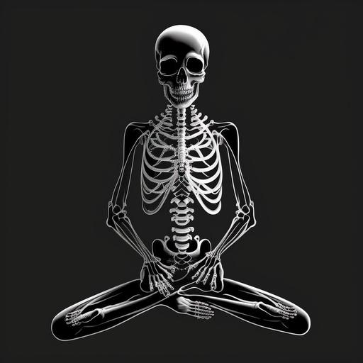 a skeleton in a yoga padmasana pose logo, black and white, vector style , black background, high definition