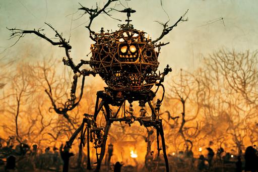 Ravenous gigantic terrifying isometric kinetic sculpture skeleton strandbeest rearing back with yawning maw, engulfed in samhain burning flames made of finely-detailed articulated human skeletons, by theo jansen --ar 13:9 --hd --c 0 --seed 1026