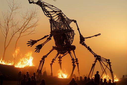 Ravenous gigantic terrifying isometric kinetic sculpture skeleton strandbeest rearing back with yawning maw, engulfed in samhain burning flames made of finely-detailed articulated human skeletons, by theo jansen --ar 13:9 --c 0 --seed 1026 --test --creative