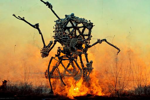 Ravenous gigantic terrifying isometric kinetic sculpture skeleton strandbeest rearing back with yawning maw, engulfed in samhain burning flames made of finely-detailed articulated human skeletons, by theo jansen
