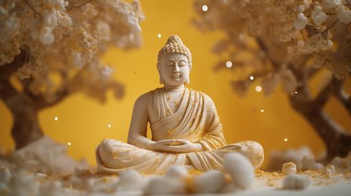 Raw photo, photorealistic, carved butter sculpture meditating Buddha under Bodhi tree, portrait, buttercore, light yellow, white, dark brown, hot glitter, tilt shift, 64k, aesthetic of food, --ar 16:9 --v 5.1 --q 5 --s 999 --c 5
