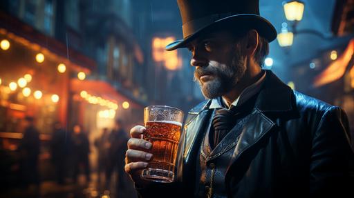 Raw photo, photorealistic, in a bustling city square, a neon victorian gentleman with a top hat and cane stood gracefully amidst the modern crowd, saturated, reflections, ambient occlusion, soft shadows, beautiful lighting, cinematic, --ar 16:9 --q 5 --s 999 --c 2 --v 5.2 --style raw