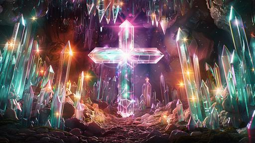 Raytraced Octane Render of a giant crystal cave made of jewels vibrating at divine frequencies, glowing cross symbol in the middle --ar 16:9