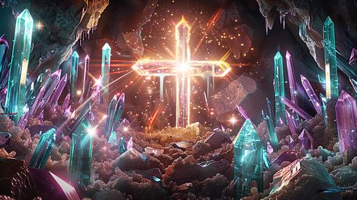 Raytraced Octane Render of a giant crystal cave made of jewels vibrating at divine frequencies, glowing cross symbol in the middle --ar 16:9