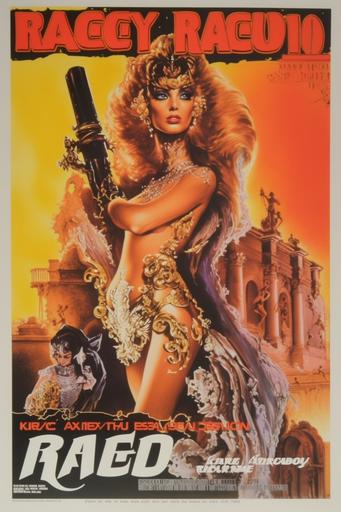 Razor Candy movie poster, Raquel Welch, rococo, baroque, by Royo and Giger --ar 2:3 --c 60 --v 5a