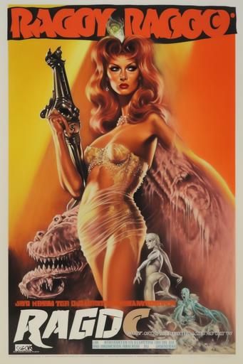 Razor Candy movie poster, Raquel Welch, rococo, baroque, by Royo and Giger --ar 2:3 --c 60 --v 5a
