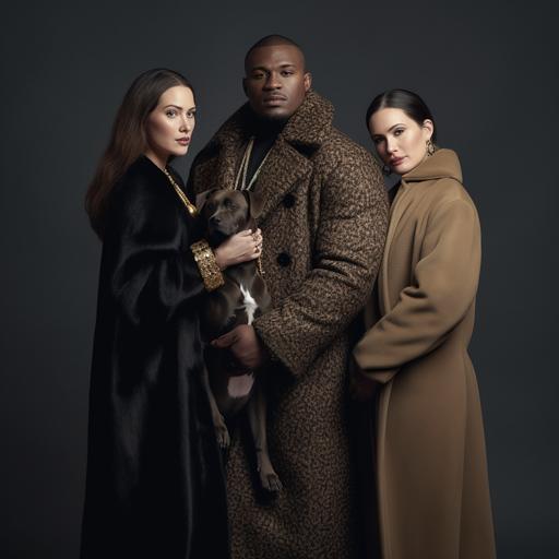 Cinematic, Photoshoot, DRAMATIC A full-body GROUP portrait shot of an elegant masculine charismatic black man in a chinchilla coat and gold rings and bracelets, with 3 slightly chubby gorgeous brunette sophisticated, white women — v 5.2