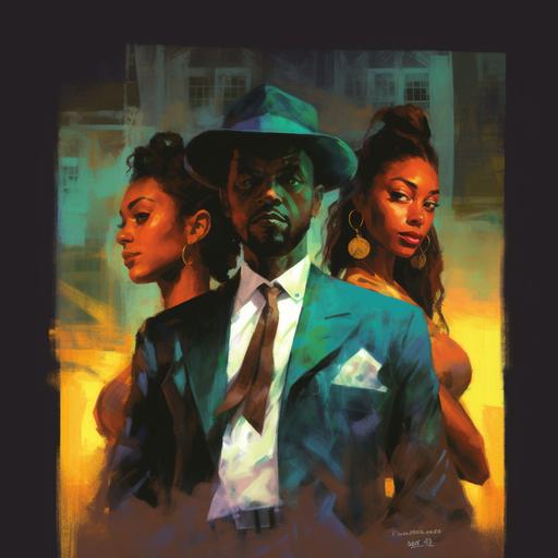 Cinematic shot, sleek, realistic, bill sienkiewicz art, hand painted picture, 3 very beautiful young women very handsome, well dressed, PIMP, A young African AMERICAN man wearing a dark teal blazer. Graphic novel cover .— v 5. 1 — AR 16: 9