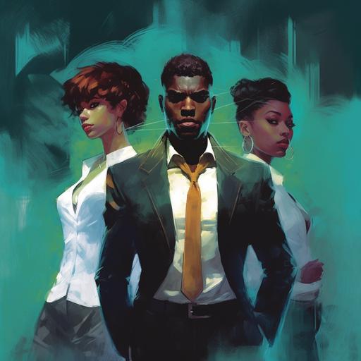 Cinematic shot, sleek, realistic, bill sienkiewicz art, hand painted picture, 3 very beautiful young women very handsome, well dressed, PIMP, A young African AMERICAN man wearing a dark teal blazer. Graphic novel cover .— v 5. 1 — AR 16: 9