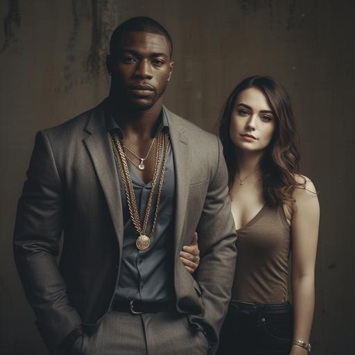 Young athletic brown skin African-American man, MACK, , Handsome criminal wearing a gray blazer gold necklace and rings with a slightly chubby brunette white girl — v 5