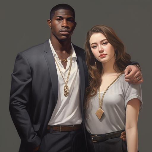 Young athletic brown skin African-American man, MACK, , Handsome criminal wearing a gray blazer gold necklace and rings with a slightly chubby brunette white girl — v 5