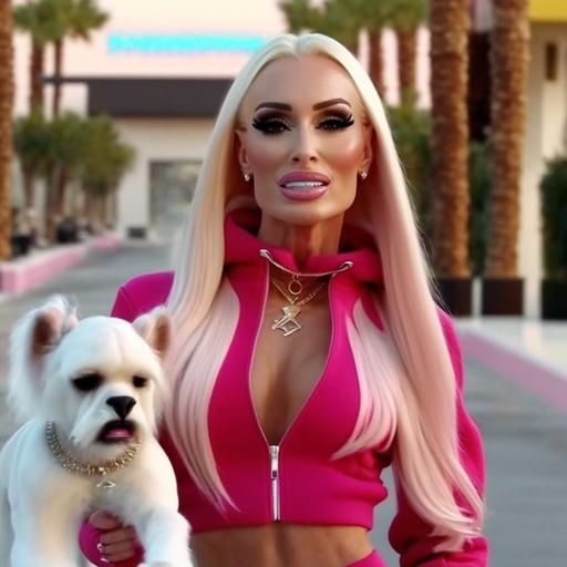 Real Barbie in a pink tracksuit jogging with her white Chihuahua puppy through the streets of Beverly Hills. 4k resolution.