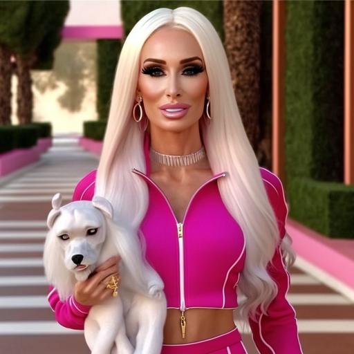 Real Barbie in a pink tracksuit jogging with her white Chihuahua puppy through the streets of Beverly Hills. 4k resolution.