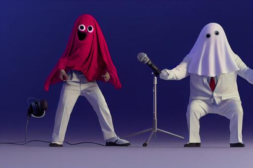 Real realistic Go Pro Footage of Funny Scary Red background 3D animation Octane Render Two Spooky White Blanket Ghost one in a Blue Suit and the other in Grey business suits wearing headphones Rapping and singing into a microphone studio The word 