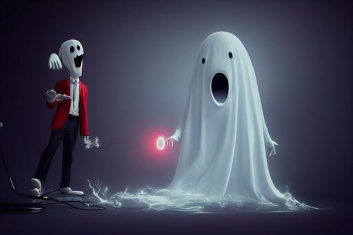 Real realistic Go Pro Footage of Funny Scary Red background 3D animation Octane Render Two Spooky White Blanket Ghost one in a Blue Suit and the other in Grey business suits wearing headphones Rapping and singing into a microphone studio, 5 The word 