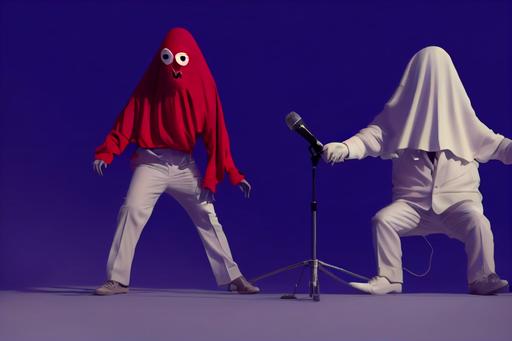 Real realistic Go Pro Footage of Funny Scary Red background 3D animation Octane Render Two Spooky White Blanket Ghost one in a Blue Suit and the other in Grey business suits wearing headphones Rapping and singing into a microphone studio The word 