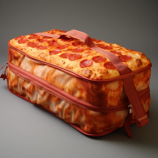 Realisitc photo of a red, rectangle pizza travel bag