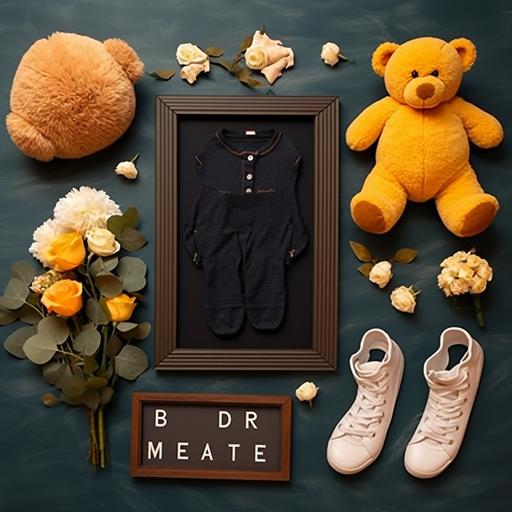 Realistic – line art surprise pregnancy announcement, black felt letter board, include baby shoe,baby clothes,flowers,Frame picture,with teddy bear toy, creative idea--ar 9:11