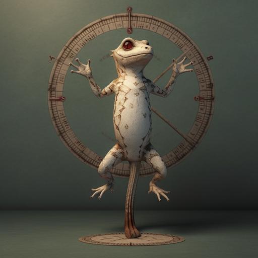 Realistic 3d gecko, cartoon character in the vitruvian man pose
