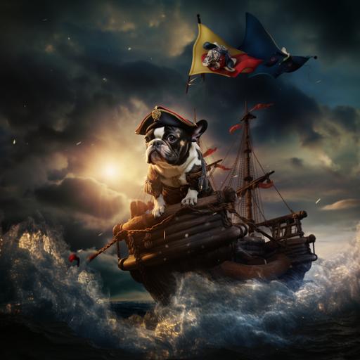 Realistic Cute French bulldog dressed as a pirate on a pirate galleon with stormy sea. colorful. 3d perspective.