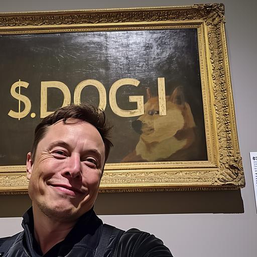 Realistic GoPro selfie taken by Elon Musk in a museum showing a large painting with 