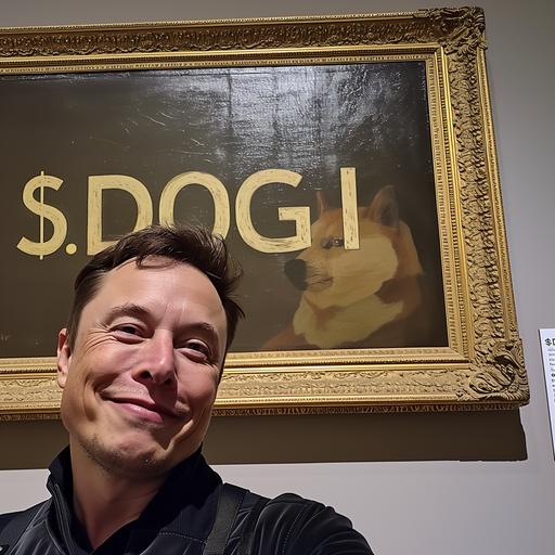 Realistic GoPro selfie taken by Elon Musk in a museum showing a large painting with 