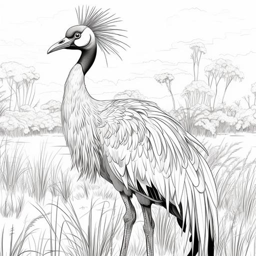 Realistic Hand drawn illustration of an african grey crowned crane in the african savanna , grey-scale, full body, thin lines, high detail , coloring page--ar 9:11