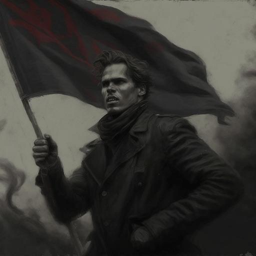 Realistic Nestor Makhno waving an anarchist flag