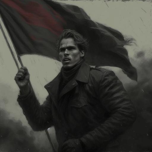 Realistic Nestor Makhno waving an anarchist flag