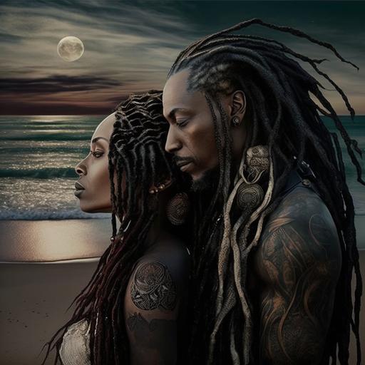 Realistic Photo scale Tribal Ebony Loving Couple with dreadlocks on the beach by vived moonlight and shimering waves.