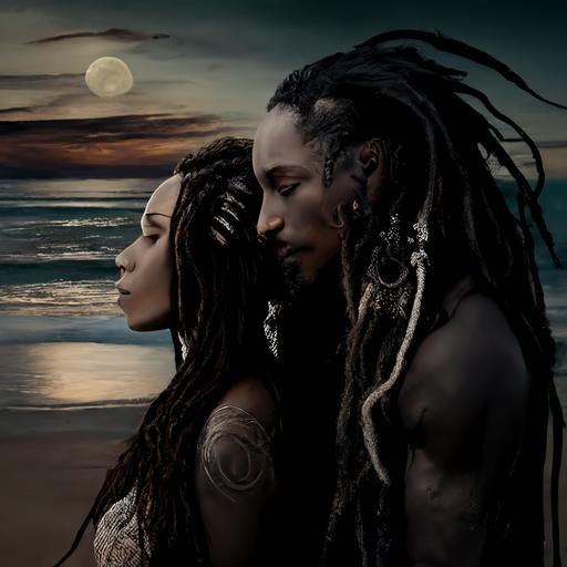 Realistic Photo scale Tribal Ebony Loving Couple with dreadlocks on the beach by vived moonlight and shimering waves.