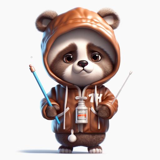 Realistic, cartoon Pretty, cute cartoon sick baby panda wearing brown hoodie with thermometer in the mouth.