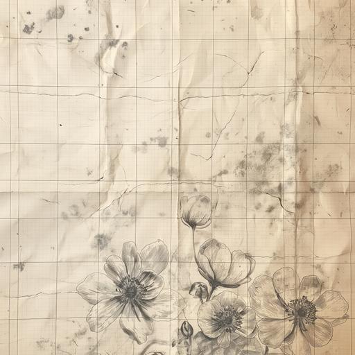 Realistic close-up photo of a sheet of old graph paper, which already shows some signs of time, such as small wrinkles and ink stains. The photo must be very realistic, from an apical angle (seen from above). On the sheet, a sketch of an illustration in the flower power style, Twiggy Iconic Flower Power 60's Fashion, was drawn with a common graphite pencil. --v 6.0