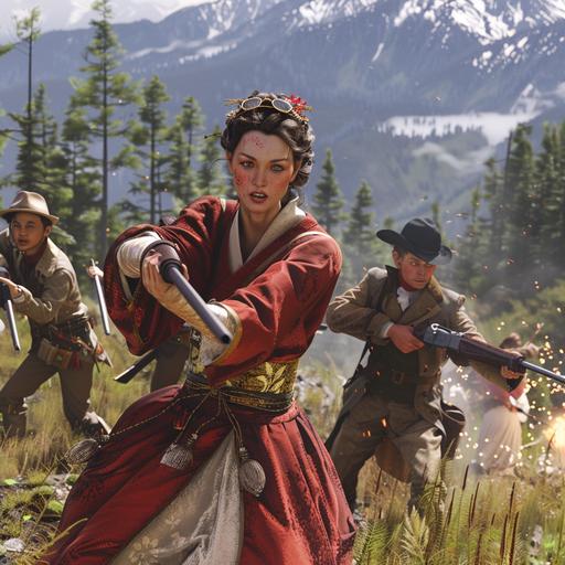 Realistic environment exterior 1890s British Columbia, a Japenese samurai in traditional dress with katana, a Parisien show girl, a British rogue wearing a top hat with knives, and a female American cowboy, all fight together against a British infantry patrol in Khaki green uniforms with carbines and knives, forrest and mountains can be seen in the background, perfect shading, soft studio lighting, ultra realistic, photorealistic, octane render, cinematic lighting, edge lighting, HD, 4k