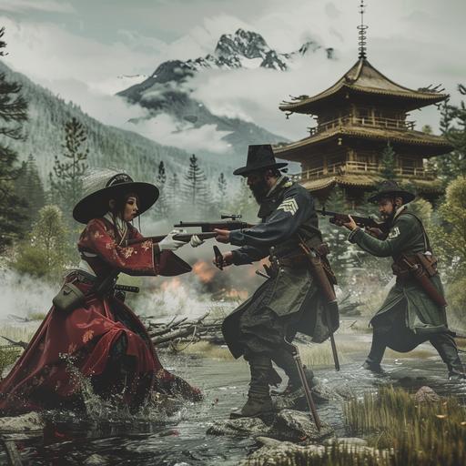 Realistic environment exterior 1890s British Columbia, a Japenese samurai in traditional dress with katana, a Parisien show girl, a British rogue wearing a top hat with knives, and a female American cowboy, all fight together against a British infantry patrol in Khaki green uniforms with carbines and knives, forrest and mountains can be seen in the background, perfect shading, soft studio lighting, ultra realistic, photorealistic, octane render, cinematic lighting, edge lighting, HD, 4k --v 6.0
