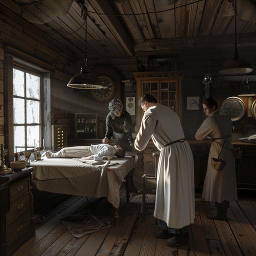 Realistic environment interior 1890s Yukon shanty cottage, a Doctor leans over their injured patient lying on a table , while an assistant stands nearby with bandages in 1890s western clothing, a clock, a barometer and dresser can be seen in the background, perfect shading, soft studio lighting, ultra realistic, photorealistic, octane render, cinematic lighting, edge lighting, HD, 4k