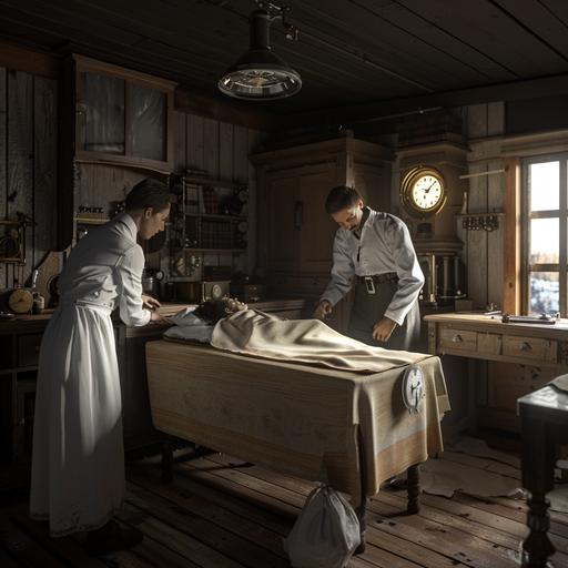 Realistic environment interior 1890s Yukon shanty cottage, a Doctor leans over their injured patient lying on a table , while an assistant stands nearby with bandages in 1890s western clothing, a clock, a barometer and dresser can be seen in the background, perfect shading, soft studio lighting, ultra realistic, photorealistic, octane render, cinematic lighting, edge lighting, HD, 4k