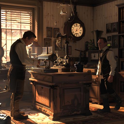 Realistic environment interior 1890s Yukontelegraph office, an operator leans over their aparatus sitting at a desk , while an erand boy stands waiting nearby in 1890s western clothing, a clock, a barometer and dresser can be seen in the background, perfect shading, soft studio lighting, ultra realistic, photorealistic, octane render, cinematic lighting, edge lighting, HD, 4k