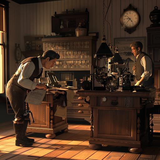 Realistic environment interior 1890s Yukontelegraph office, an operator leans over their aparatus sitting at a desk , while an erand boy stands waiting nearby in 1890s western clothing, a clock, a barometer and dresser can be seen in the background, perfect shading, soft studio lighting, ultra realistic, photorealistic, octane render, cinematic lighting, edge lighting, HD, 4k