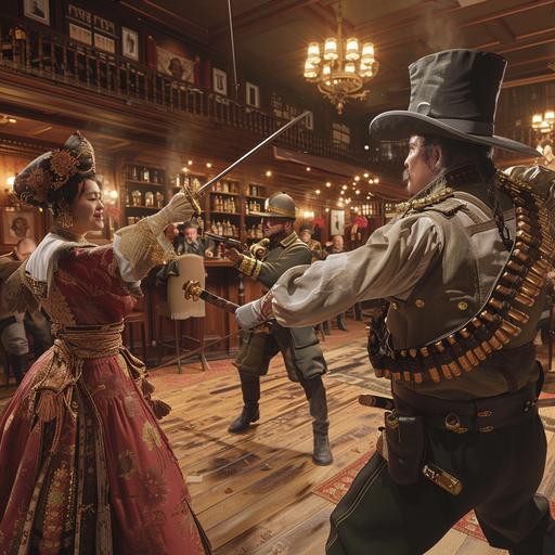 Realistic environment interior 1890s saloon, a Japenese samurai in traditional dress with katana, a Parisien show girl, a British rogue wearing a top hat with knives, and a female American cowboy, all fight together against a British infantry patrol in Khaki green uniforms with fists and knives, the barman wearing a bowler hat holding a shotgun can be seen in the background, perfect shading, soft studio lighting, ultra realistic, photorealistic, octane render, cinematic lighting, edge lighting, HD, 4k